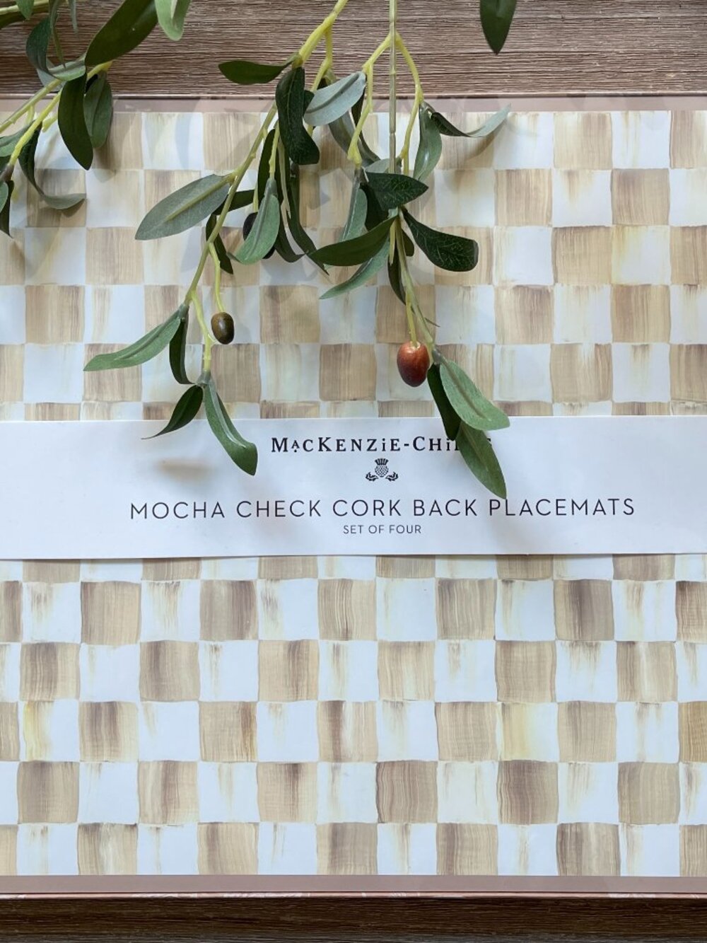 MacKenzie-Childs Mocha Check Cork Back Placemats Set of 4-NEW